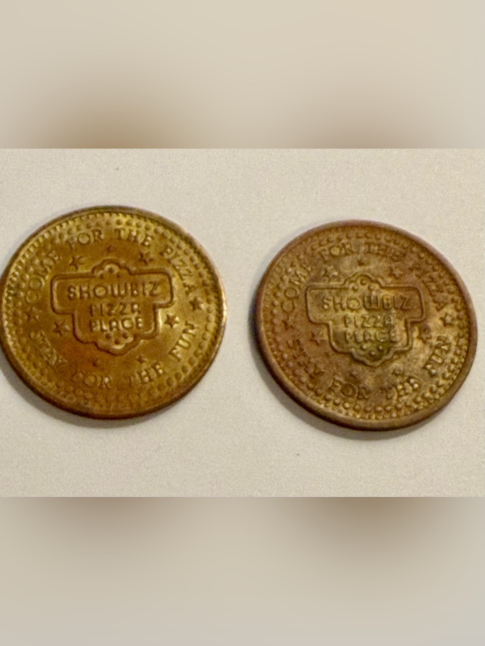 Showbiz Pizza play tokens - brass - set of 2 - used - vintage 1980’s-1990’s